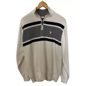 US Polo Assn. Mens Med 1/4 Zip Sweater Winter White Navy/Gray Stripe Pony Logo